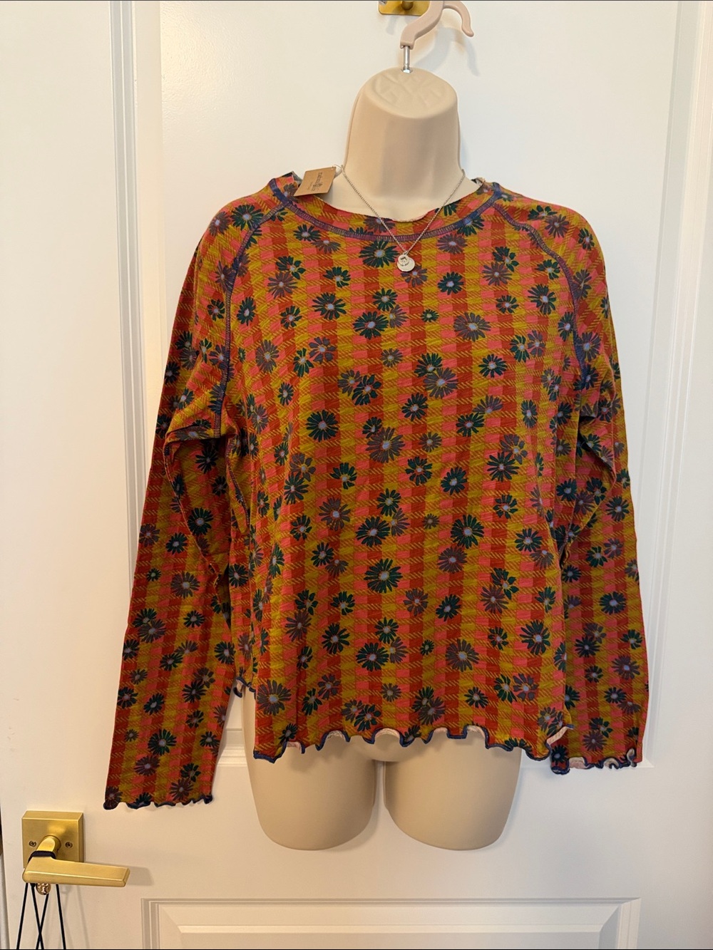 NATURAL LIFE Rust Orange Plaid Floral Long Sleeve Top